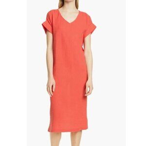 Eileen Fisher Dress Womens Large Orange Short Sleeve V-Neck Midi Cotton Shift